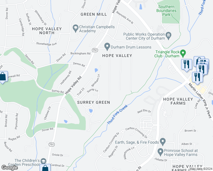 map of restaurants, bars, coffee shops, grocery stores, and more near 3546 Hamstead Court in Durham