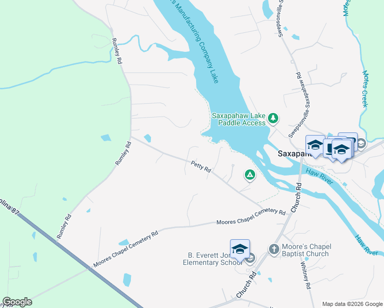 map of restaurants, bars, coffee shops, grocery stores, and more near 1550 Petty Road in Graham