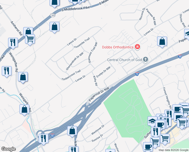 map of restaurants, bars, coffee shops, grocery stores, and more near 5213 Kirby Road in Knoxville