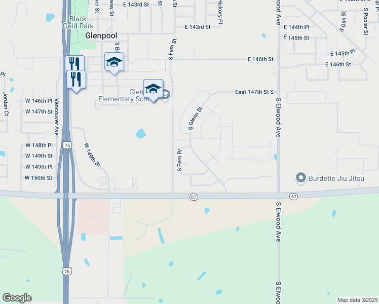 map of restaurants, bars, coffee shops, grocery stores, and more near 14822 South Glenn Street in Glenpool