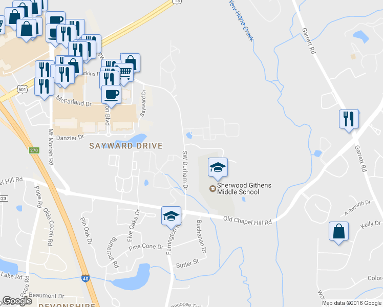 map of restaurants, bars, coffee shops, grocery stores, and more near 3805 Southwest Durham Drive in Durham