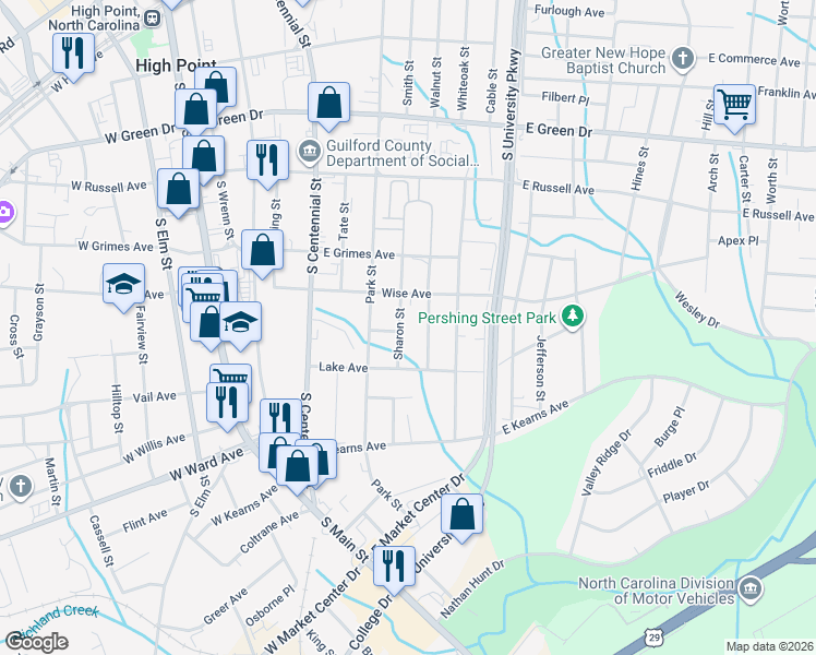 map of restaurants, bars, coffee shops, grocery stores, and more near 1012 Sharon Street in High Point
