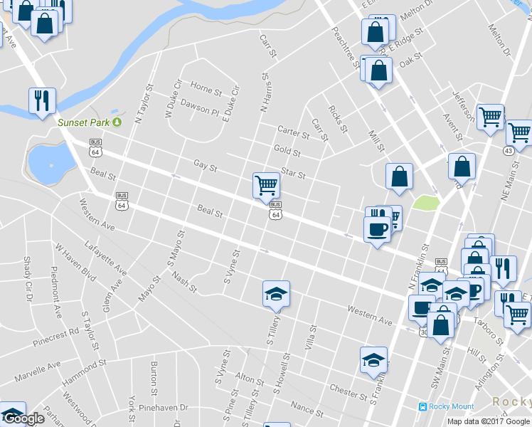 map of restaurants, bars, coffee shops, grocery stores, and more near 901 West Thomas Street in Rocky Mount