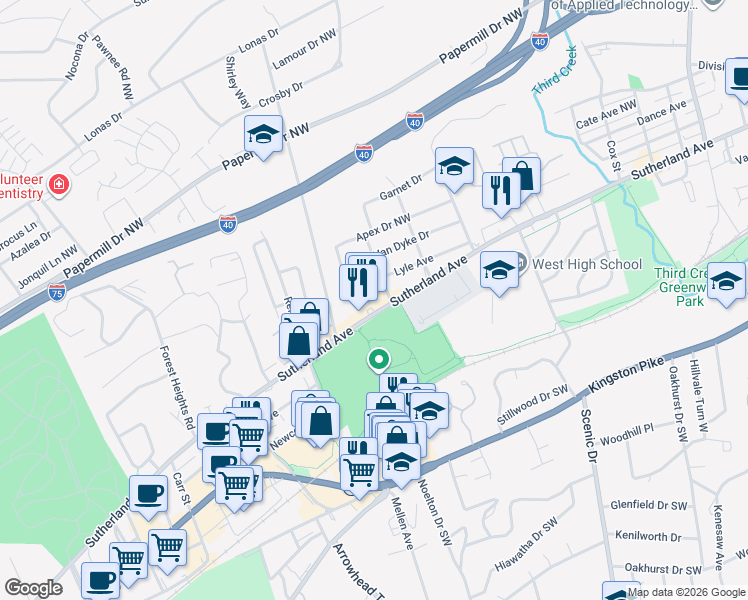 map of restaurants, bars, coffee shops, grocery stores, and more near 3611 Sutherland Avenue in Knoxville