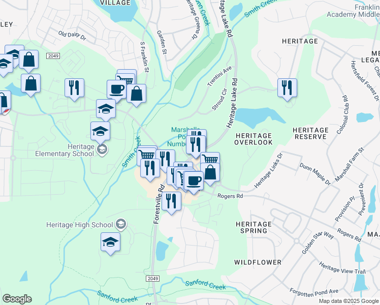 map of restaurants, bars, coffee shops, grocery stores, and more near 916 Sugar Gap Road in Wake Forest