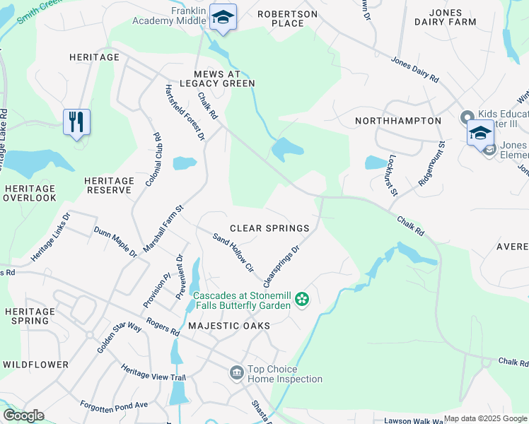 map of restaurants, bars, coffee shops, grocery stores, and more near 1600 Farm Hill Court in Wake Forest