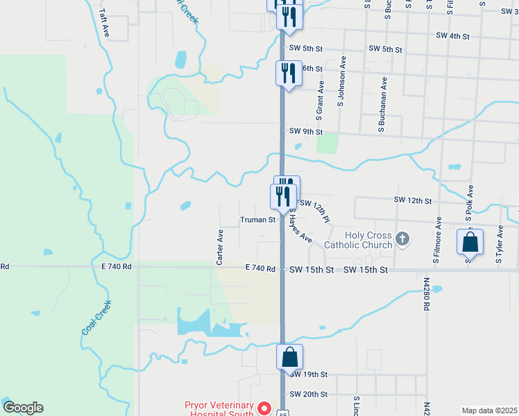 map of restaurants, bars, coffee shops, grocery stores, and more near 1306 Kennedy Court in Wagoner