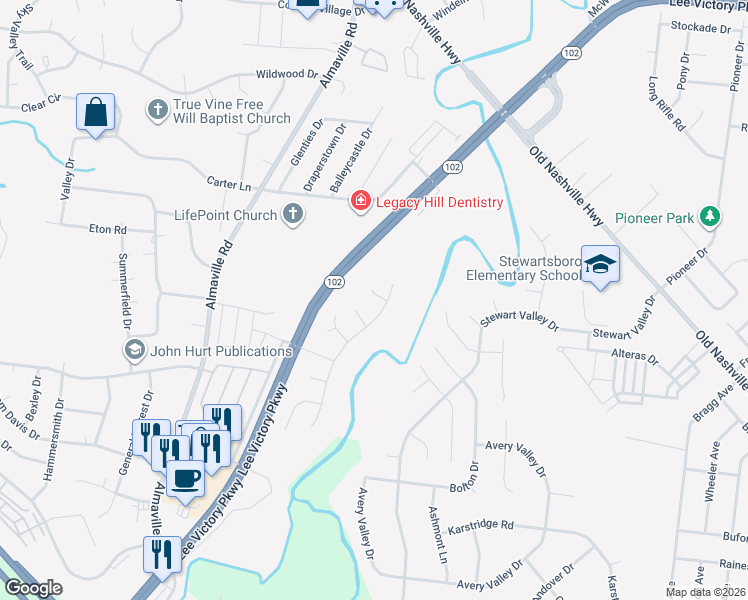 map of restaurants, bars, coffee shops, grocery stores, and more near 403 Sugarwood Street in Smyrna