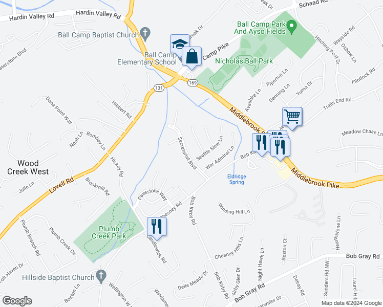 map of restaurants, bars, coffee shops, grocery stores, and more near 1508 Secretariat Boulevard in Knoxville