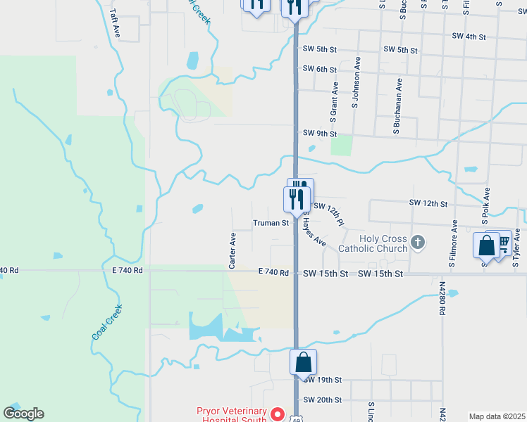 map of restaurants, bars, coffee shops, grocery stores, and more near 1306 Kennedy Court in Wagoner