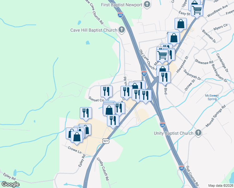 map of restaurants, bars, coffee shops, grocery stores, and more near 1100 Sunset Circle in Newport
