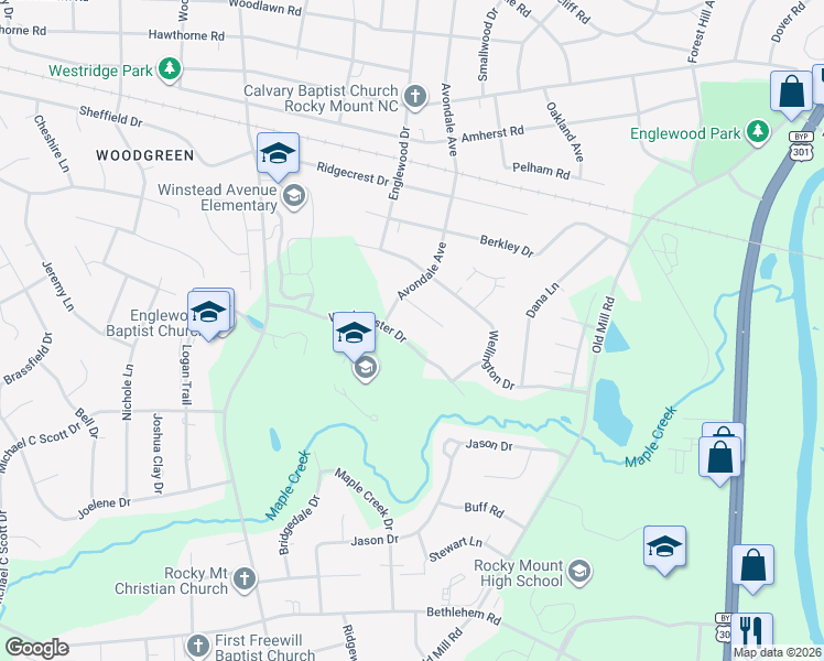 map of restaurants, bars, coffee shops, grocery stores, and more near 2920 Westminster Dr in Rocky Mt