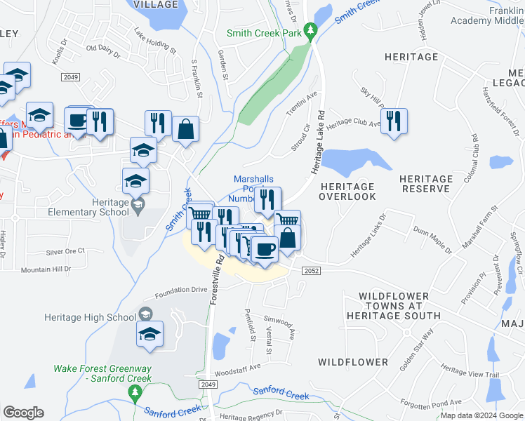 map of restaurants, bars, coffee shops, grocery stores, and more near 916 Sugar Gap Road in Wake Forest