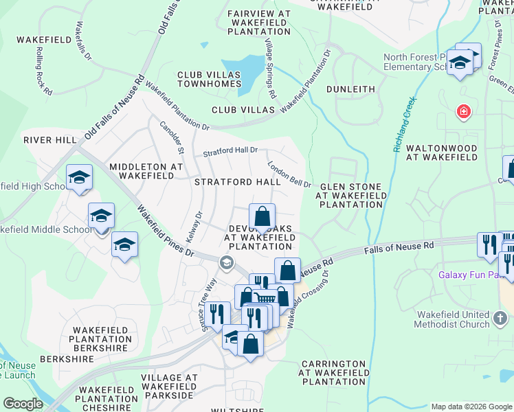 map of restaurants, bars, coffee shops, grocery stores, and more near 12401 Draco Road in Raleigh