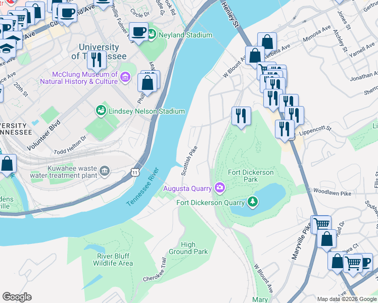 map of restaurants, bars, coffee shops, grocery stores, and more near 2547 Scottish Pike in Knoxville