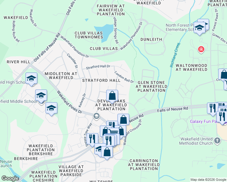 map of restaurants, bars, coffee shops, grocery stores, and more near 12401 Draco Road in Raleigh