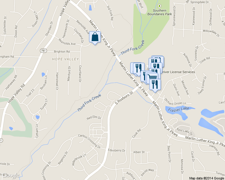 map of restaurants, bars, coffee shops, grocery stores, and more near 138 Grey Elm Trail in Durham