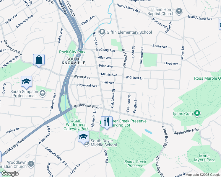 map of restaurants, bars, coffee shops, grocery stores, and more near 1801 Trotter Avenue in Knoxville