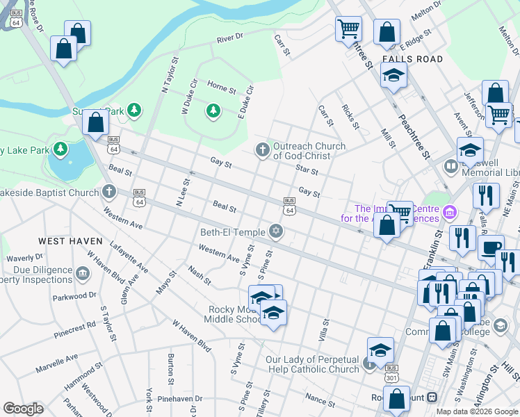 map of restaurants, bars, coffee shops, grocery stores, and more near 214 North Vyne Street in Rocky Mount