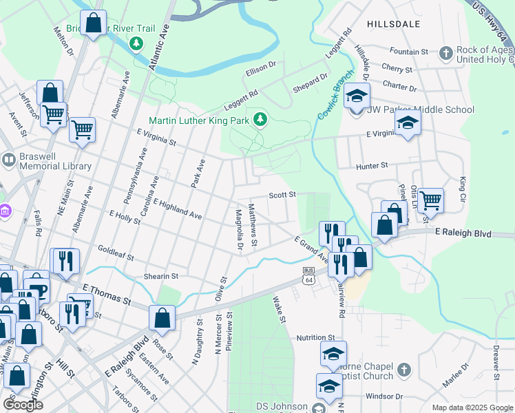 map of restaurants, bars, coffee shops, grocery stores, and more near 1004 East Grand Avenue in Rocky Mount