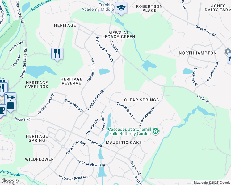 map of restaurants, bars, coffee shops, grocery stores, and more near High Spring Circle in Wake Forest