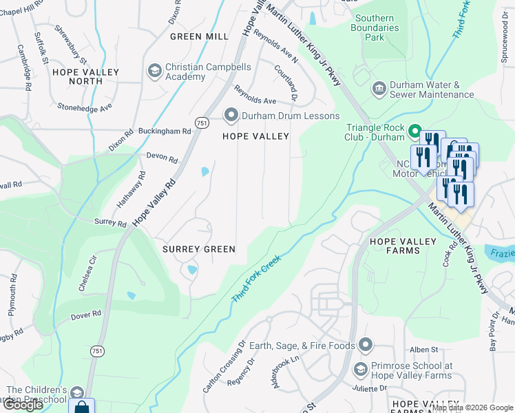 map of restaurants, bars, coffee shops, grocery stores, and more near 3626 Manford Drive in Durham