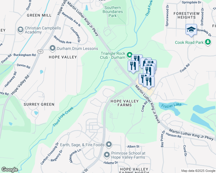 map of restaurants, bars, coffee shops, grocery stores, and more near 138 Grey Elm Trail in Durham