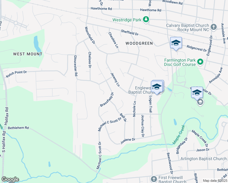 map of restaurants, bars, coffee shops, grocery stores, and more near 4017 Brassfield Drive in Rocky Mount