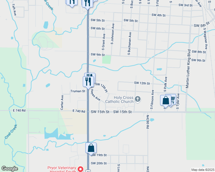 map of restaurants, bars, coffee shops, grocery stores, and more near 1303 Southwest 12th Court in Wagoner