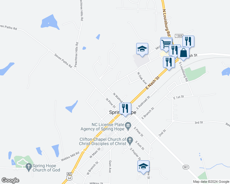 map of restaurants, bars, coffee shops, grocery stores, and more near 316 North Walnut Street in Spring Hope