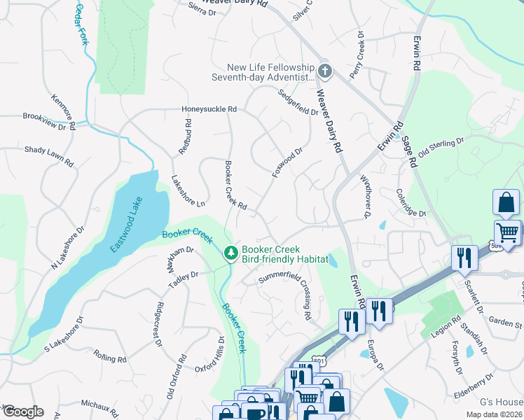 map of restaurants, bars, coffee shops, grocery stores, and more near 2519 Foxwood Drive in Chapel Hill
