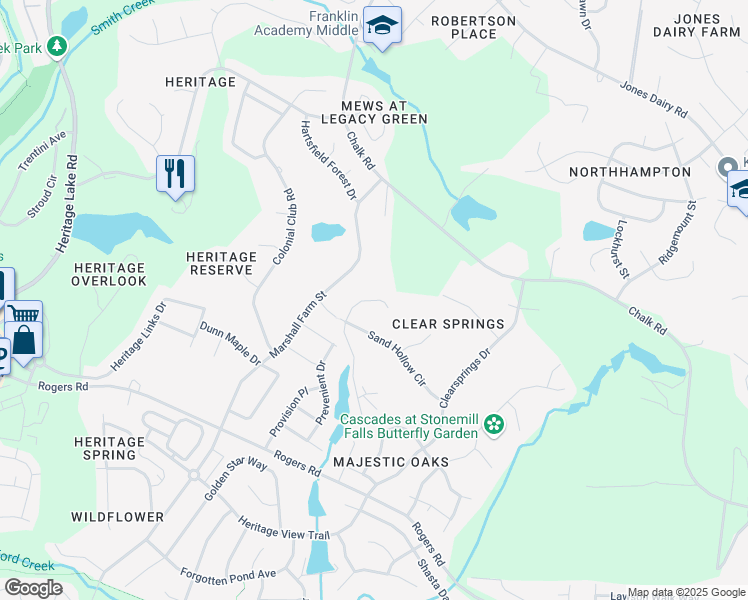 map of restaurants, bars, coffee shops, grocery stores, and more near High Spring Circle in Wake Forest