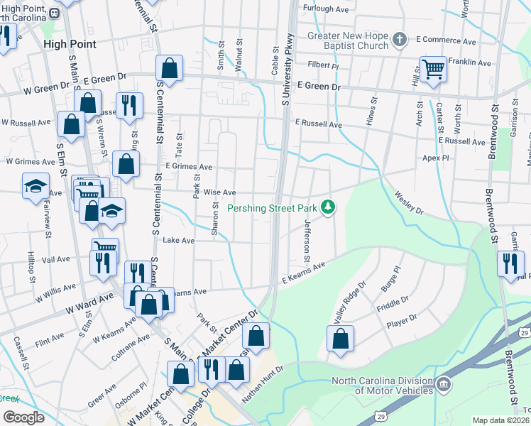 map of restaurants, bars, coffee shops, grocery stores, and more near 1012 Grace St in High Point