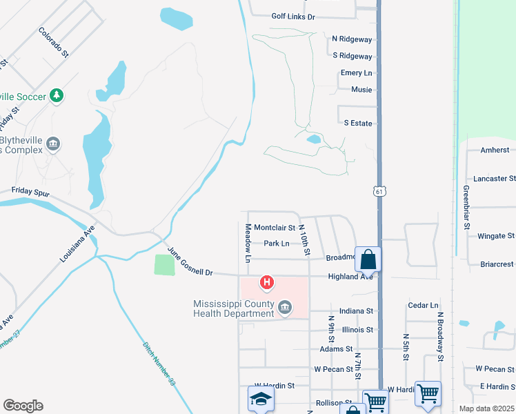 map of restaurants, bars, coffee shops, grocery stores, and more near 1112 Country Club Road in Blytheville