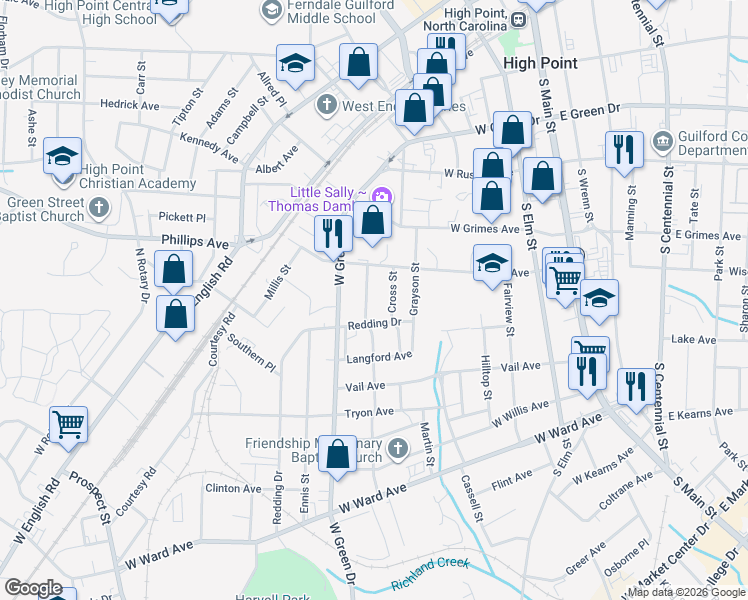 map of restaurants, bars, coffee shops, grocery stores, and more near 514 Amos Street in High Point