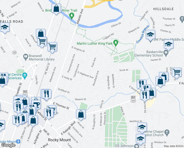 map of restaurants, bars, coffee shops, grocery stores, and more near 511 Park Avenue in Rocky Mount
