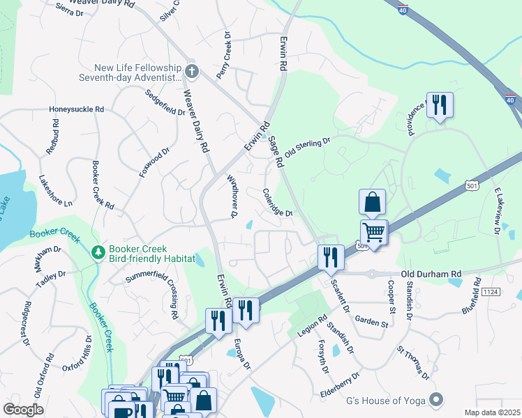 map of restaurants, bars, coffee shops, grocery stores, and more near 114 Melville Loop in Chapel Hill