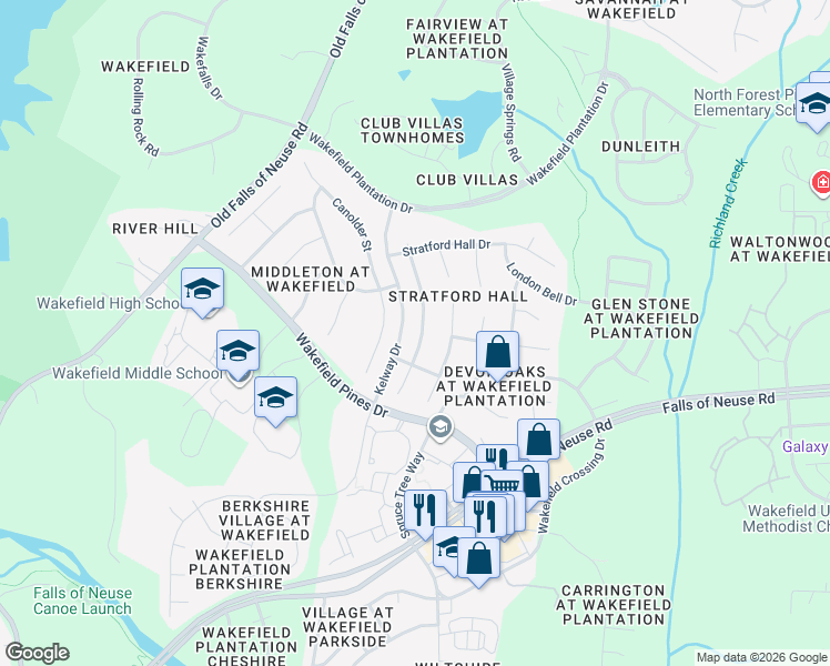 map of restaurants, bars, coffee shops, grocery stores, and more near 12313 Penrose Trail in Raleigh