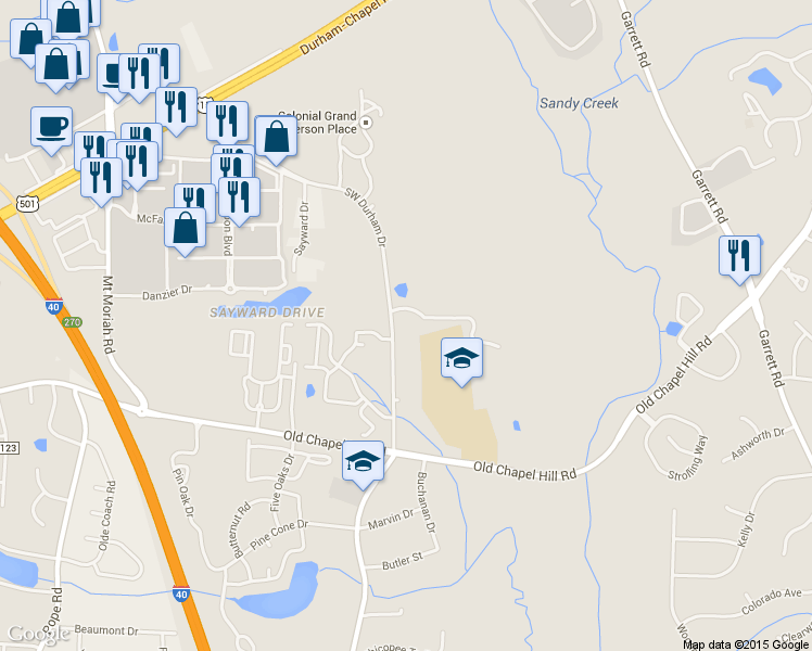 map of restaurants, bars, coffee shops, grocery stores, and more near 3803 Southwest Durham Drive in Durham