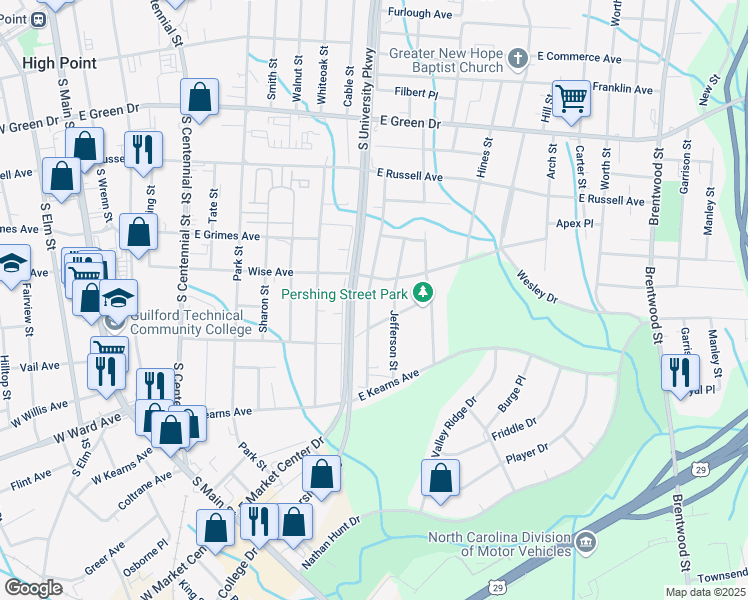 map of restaurants, bars, coffee shops, grocery stores, and more near 1015 Richland Street in High Point