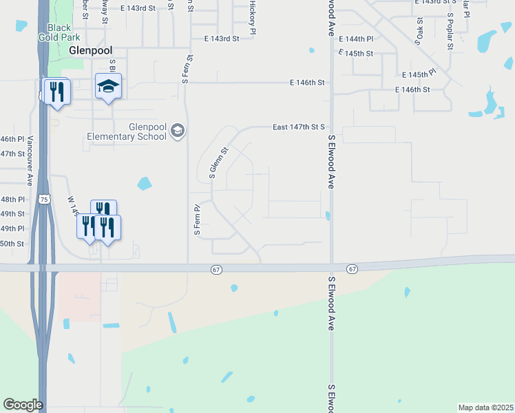 map of restaurants, bars, coffee shops, grocery stores, and more near 14865 South Hickory Place in Glenpool