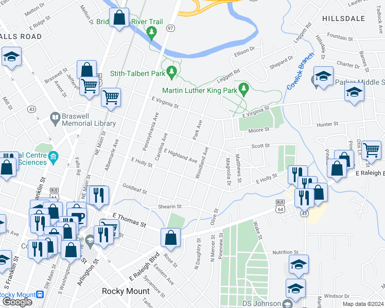 map of restaurants, bars, coffee shops, grocery stores, and more near 509 Park Avenue in Rocky Mount
