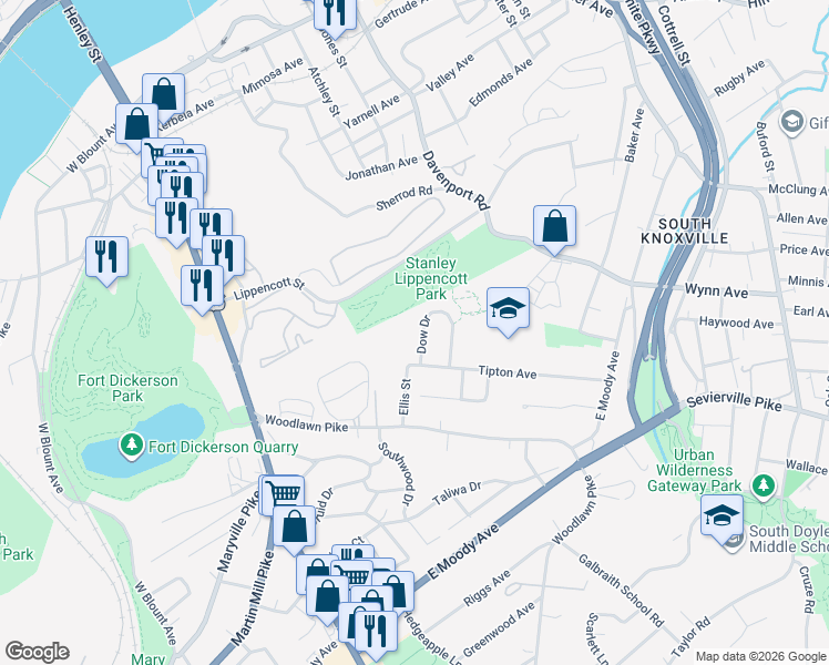 map of restaurants, bars, coffee shops, grocery stores, and more near 3107 Dow Drive in Knoxville