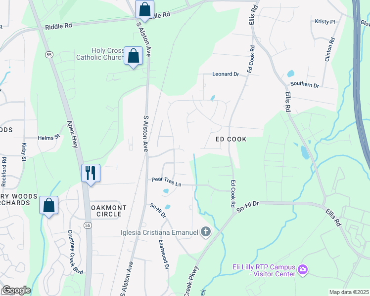map of restaurants, bars, coffee shops, grocery stores, and more near 1921 Rustica Drive in Durham