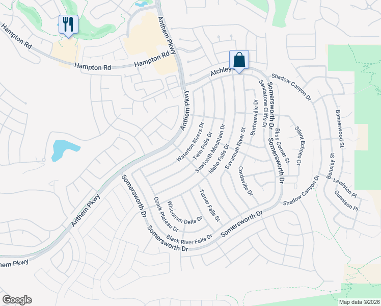 map of restaurants, bars, coffee shops, grocery stores, and more near 2172 Waterton Rivers Drive in Henderson