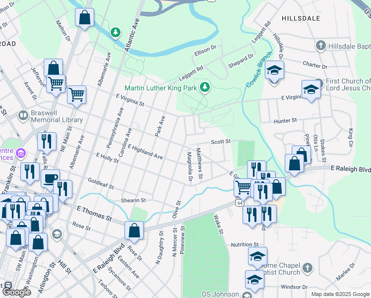 map of restaurants, bars, coffee shops, grocery stores, and more near 521 Coleman Avenue in Rocky Mount