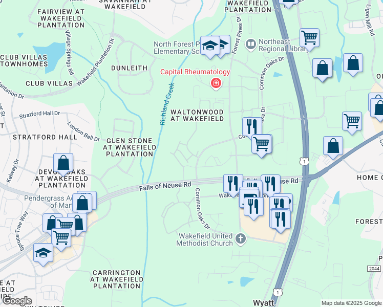 map of restaurants, bars, coffee shops, grocery stores, and more near 11103 Beckstone Way in Raleigh