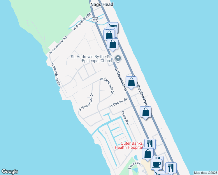 map of restaurants, bars, coffee shops, grocery stores, and more near 4323 West Baracuda Road in Nags Head