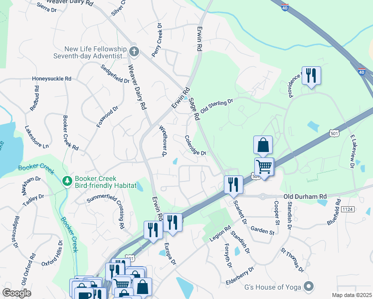 map of restaurants, bars, coffee shops, grocery stores, and more near 114 Melville Loop in Chapel Hill