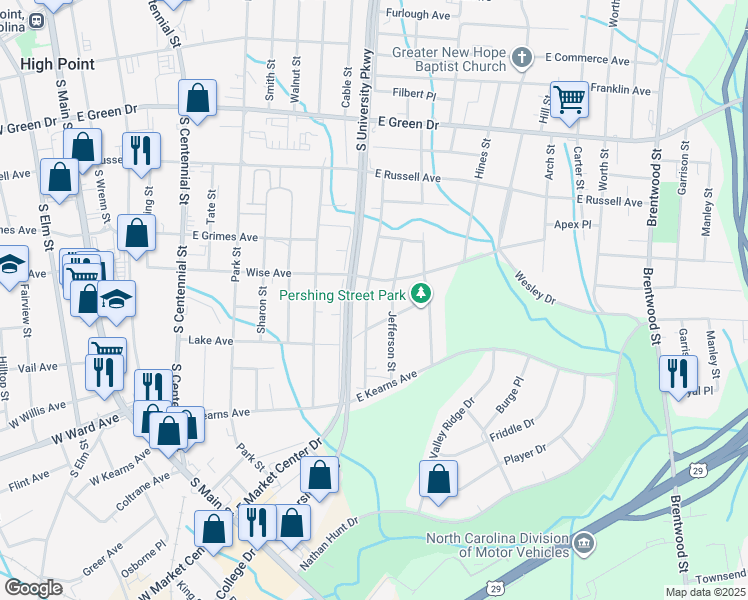 map of restaurants, bars, coffee shops, grocery stores, and more near 1015 Richland Street in High Point